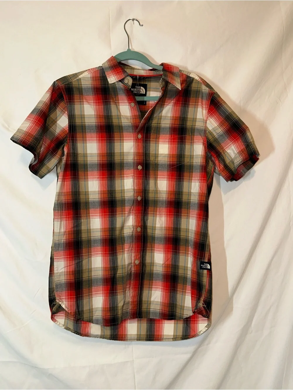 The North Face Red and Olive Plaid Short-Sleeve Button-Down Shirt